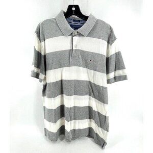 Tommy Hilfiger Men's Large Polo Shirt Custom Fit Preppy Gray Striped Rugby